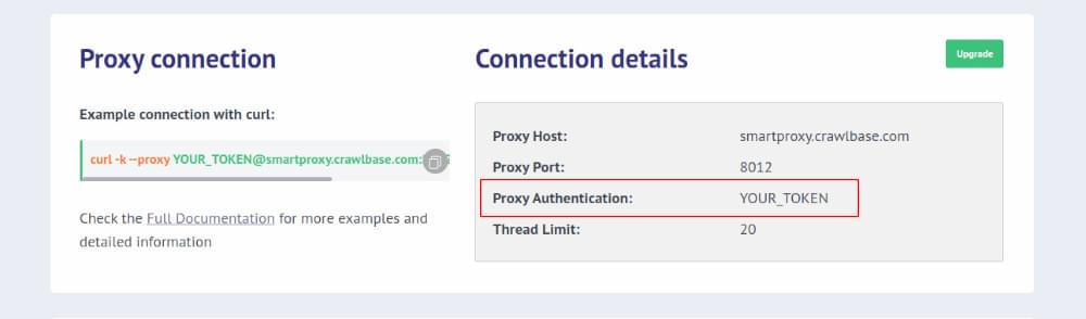 Smart Proxy connection details at Crawlbase dashboard